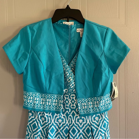Kim Rogers aqua blue & white 2pc jacket dress 4 petite NWT - Picture 2 of 16